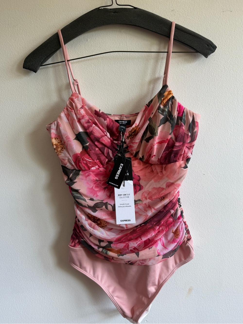 Express Floral Pink Ruched One-Piece Swimsuit size S
